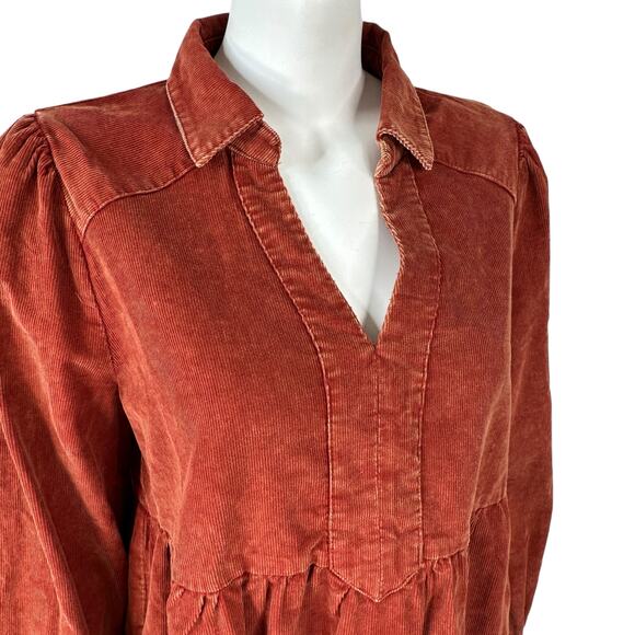 Umgee Babydoll Mini Dress Womens Size Large Corduroy Mineral Washed Pockets Rust - Picture 6 of 15